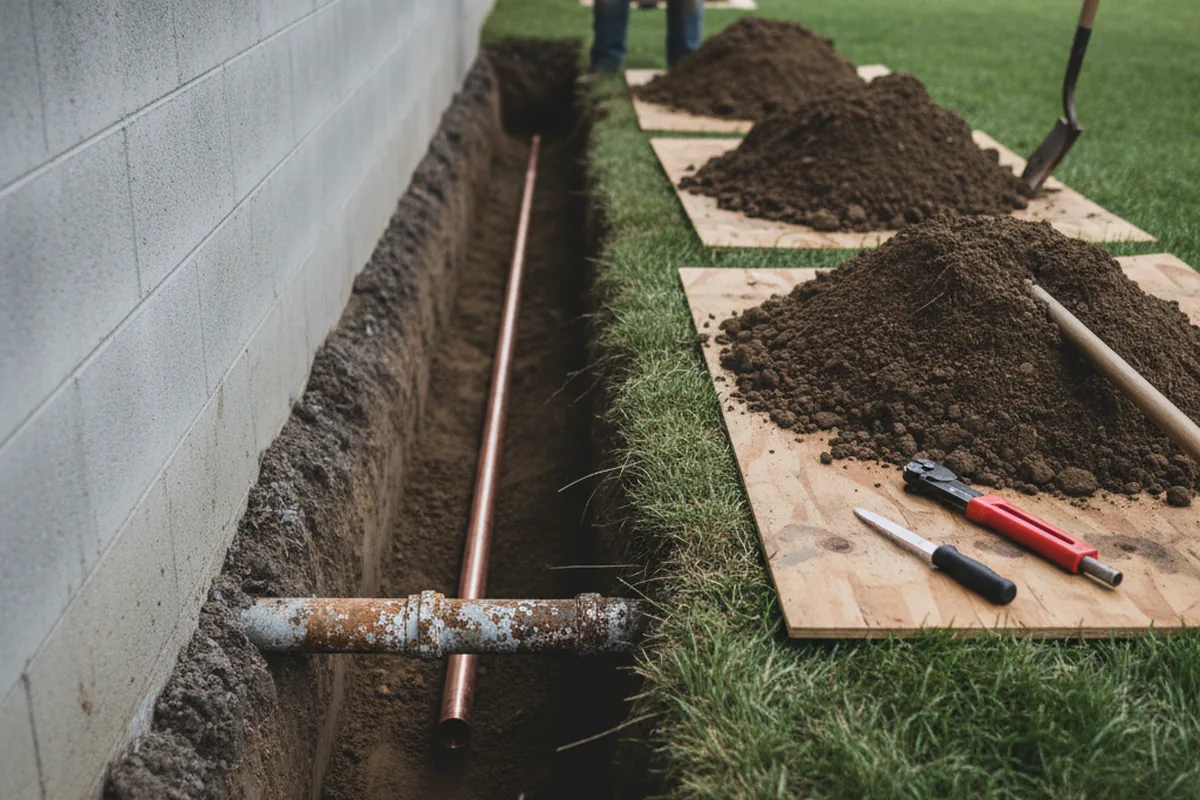 Excavated water line trench during Water Heater Repair in Fairmount
